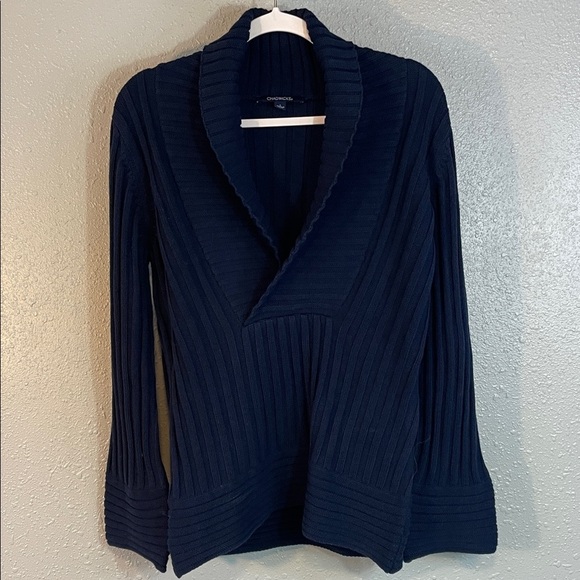 Chadwicks Navy Blue Ribbed Thick Knit Sweater, Shawl Collar Pullover Size L - Picture 2 of 12